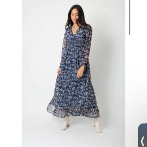 Patrons of peace floral tiered smocked maxi dress long sleeve v neck, small